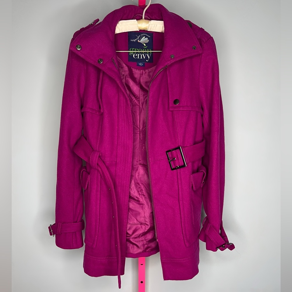 Green With Envy Fuchsia Belted Wool-Blend Coat Size Medium